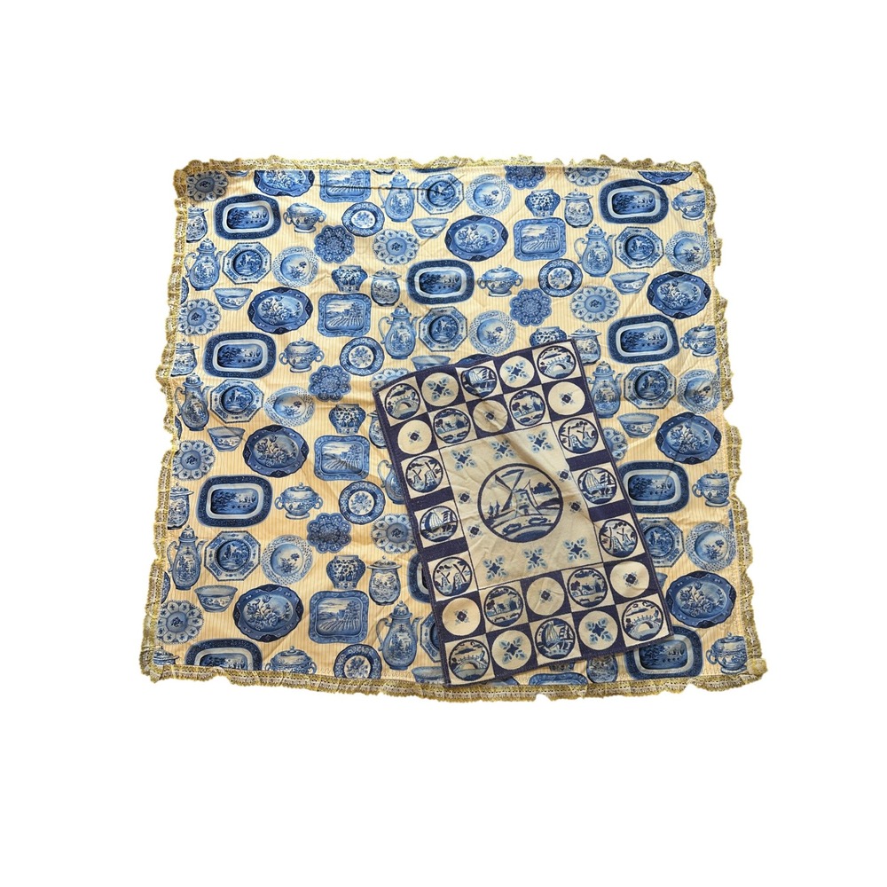 Vintage Blue Willow Delft Windmill Tablecloth and Towel Set Blue Yellow Lace